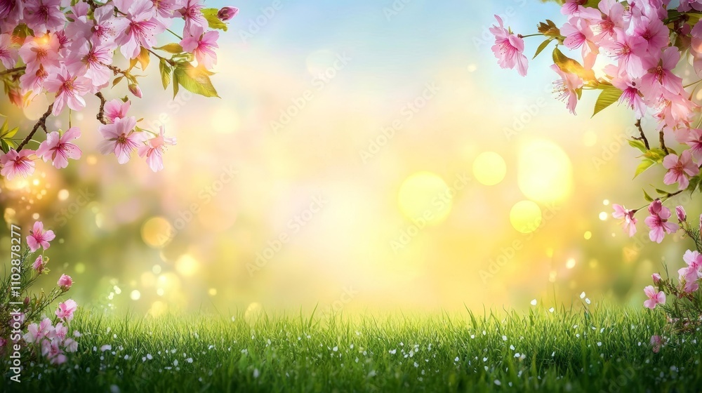 Cherry Blossom Flowers in Meadow at Sunset with Green Grass and Bokeh Effect Cherry Blossom Flowers in Meadow at Sunset with Green Grass and Bokeh Effect