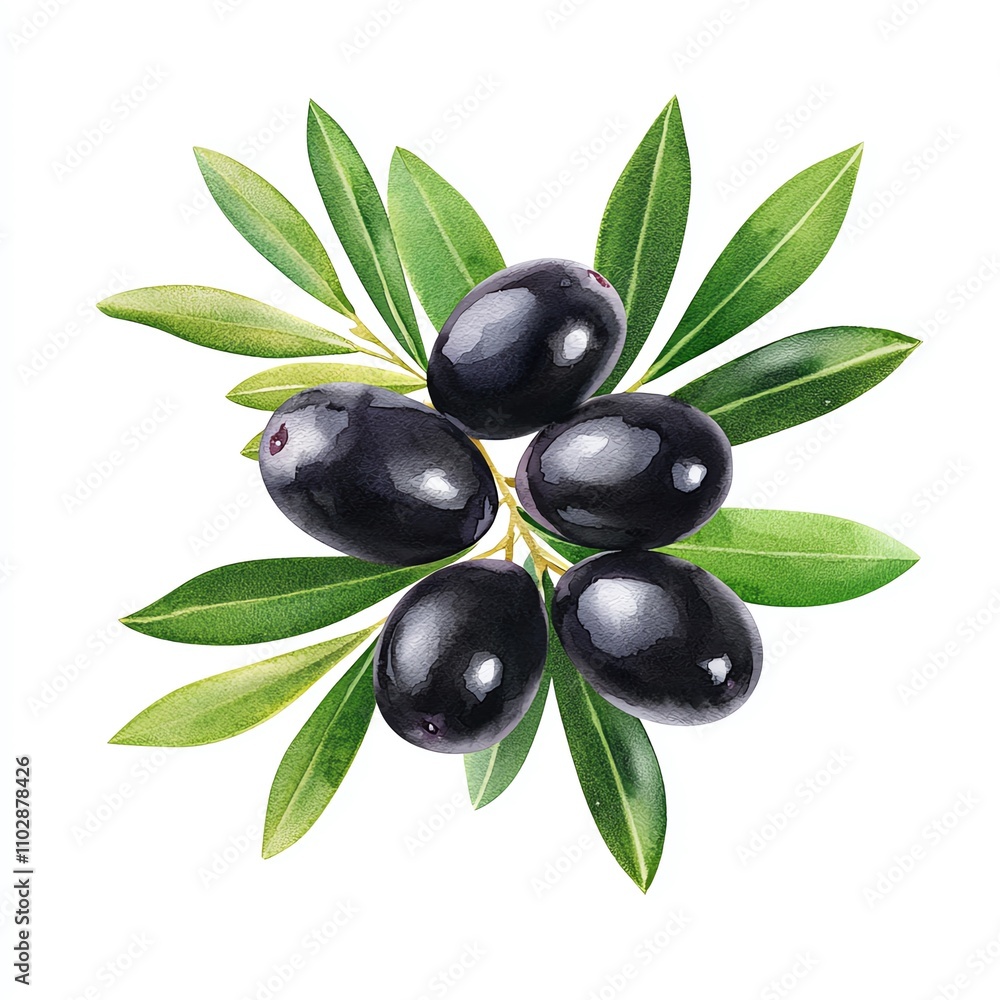 A cluster of black olives surrounded by green leaves, showcasing their rich color and natural freshness. A cluster of black olives surrounded by green leaves, showcasing their rich color and natural freshness.