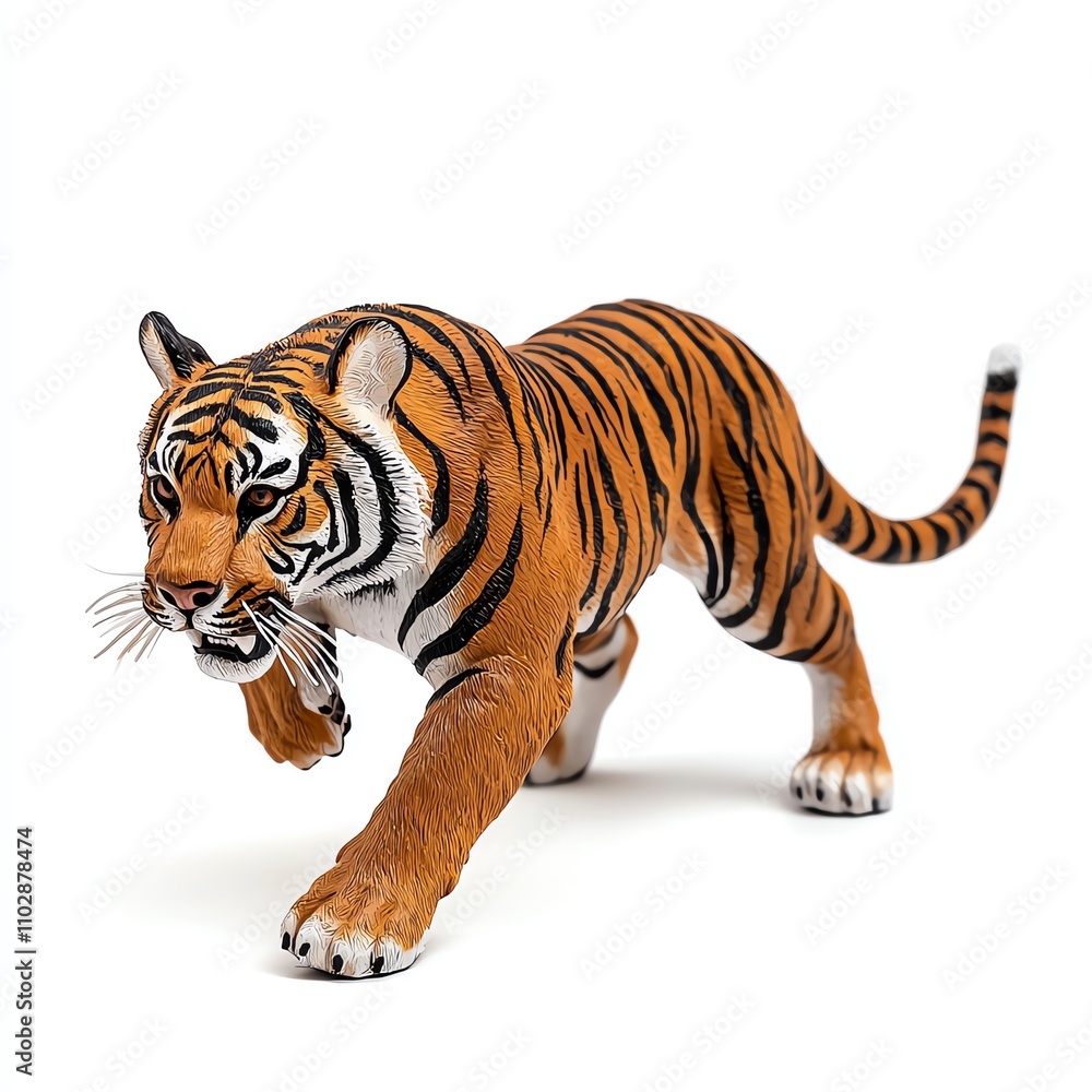 Obraz premium A detailed toy figurine of a tiger in a mid-stride pose, showcasing its striking orange and black stripes against a plain background.
