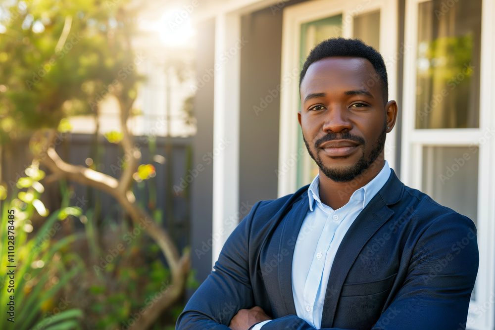Confident African American young male in a professional setting outdoors Confident African American young male in a professional setting outdoors