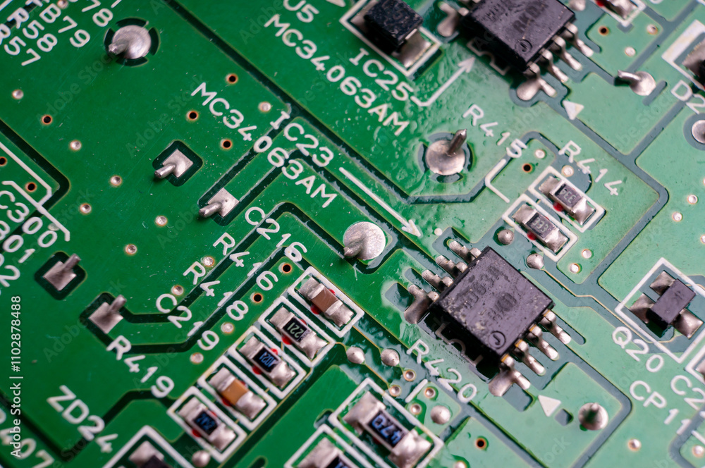 electronic circuit board with the back side, on which the soldering and connecting tracks of radio components are located electronic circuit board with the back side, on which the soldering and connecting tracks of radio components are located
