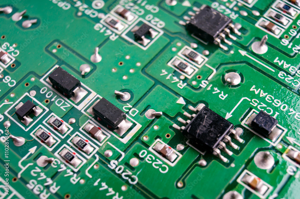 electronic circuit board with the back side, on which the soldering and connecting tracks of radio components are located electronic circuit board with the back side, on which the soldering and connecting tracks of radio components are located