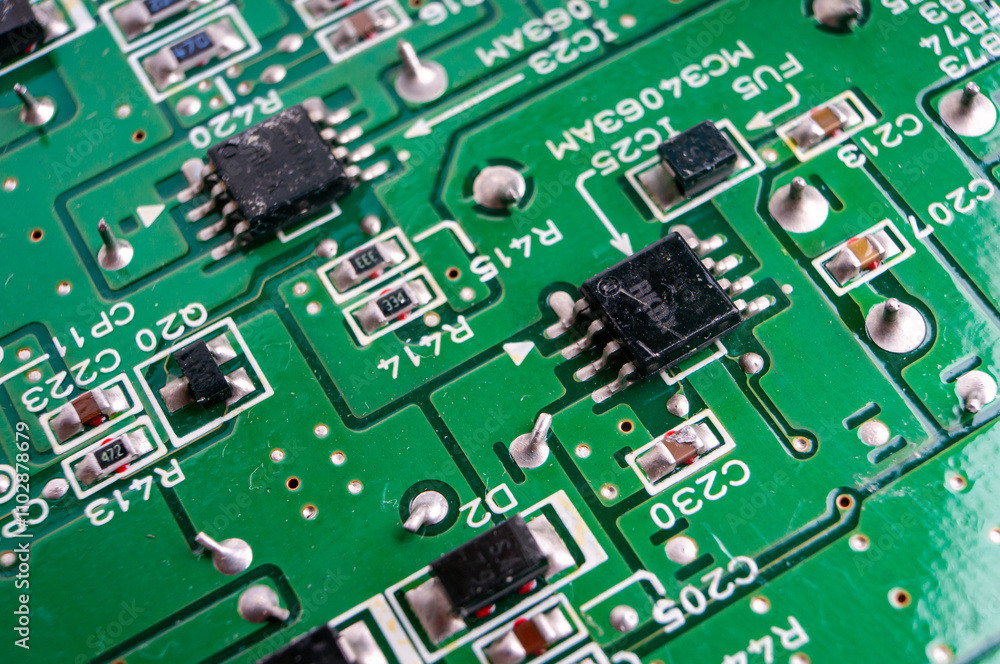 electronic circuit board with the back side, on which the soldering and connecting tracks of radio components are located electronic circuit board with the back side, on which the soldering and connecting tracks of radio components are located