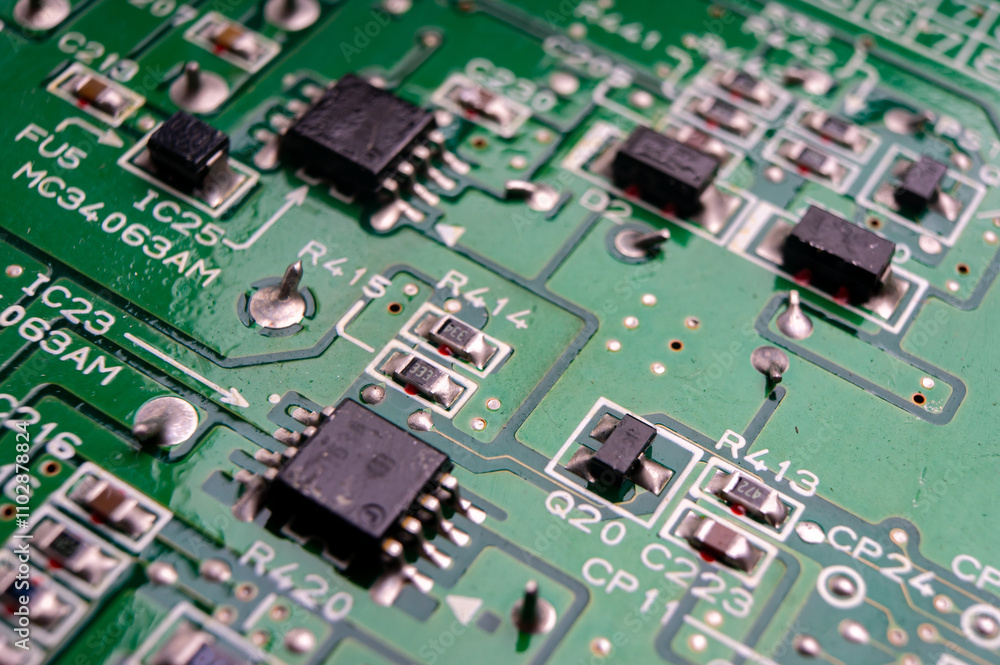 electronic circuit board with the back side, on which the soldering and connecting tracks of radio components are located electronic circuit board with the back side, on which the soldering and connecting tracks of radio components are located