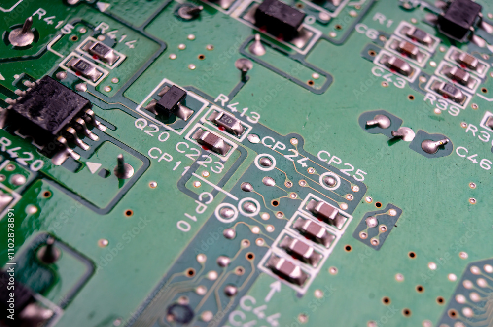 electronic circuit board with the back side, on which the soldering and connecting tracks of radio components are located electronic circuit board with the back side, on which the soldering and connecting tracks of radio components are located