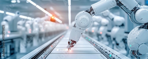 Innovative AI-driven Robotic Assembly Line in Futuristic Factory, Exemplifying New Economy Automation with Dynamic Lighting