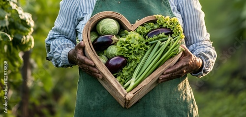 elderly gardener holding heart-shaped basket filled with fresh organic vegetables - homegrown produce sustainable farming healthy family living