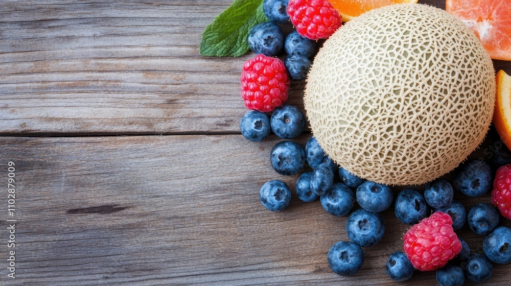 Fototapeta premium Fresh Fruits and Melon Display on Rustic Wooden Background