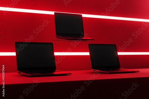 Three laptops are displayed on a vibrant red shelf, illuminated with bright red neon lights, creating a modern and tech-savvy ambiance.
