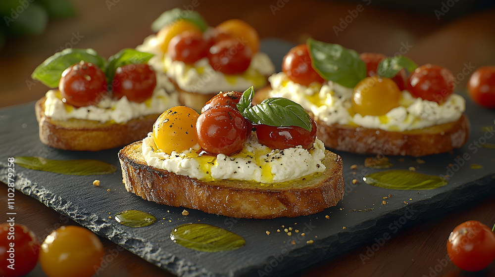 Four Bruschetta appetizers, topped with fresh cherry tomatoes, ricotta cheese, and basil, drizzled with olive oil, on a dark slate platter. Four Bruschetta appetizers, topped with fresh cherry tomatoes, ricotta cheese, and basil, drizzled with olive oil, on a dark slate platter.