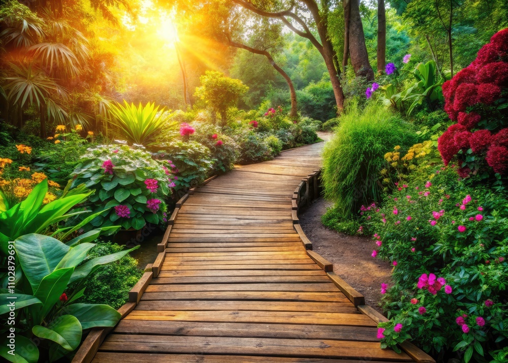 Panoramic Wooden Walkway Garden Path, Scenic Nature Trail, Beautiful Wooden Bridge, Lush Greenery, Tranquil Landscape Photography Panoramic Wooden Walkway Garden Path, Scenic Nature Trail, Beautiful Wooden Bridge, Lush Greenery, Tranquil Landscape Photography