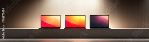 Three sleek laptops displayed under dramatic lighting, showcasing vibrant screens in shades of red and black.