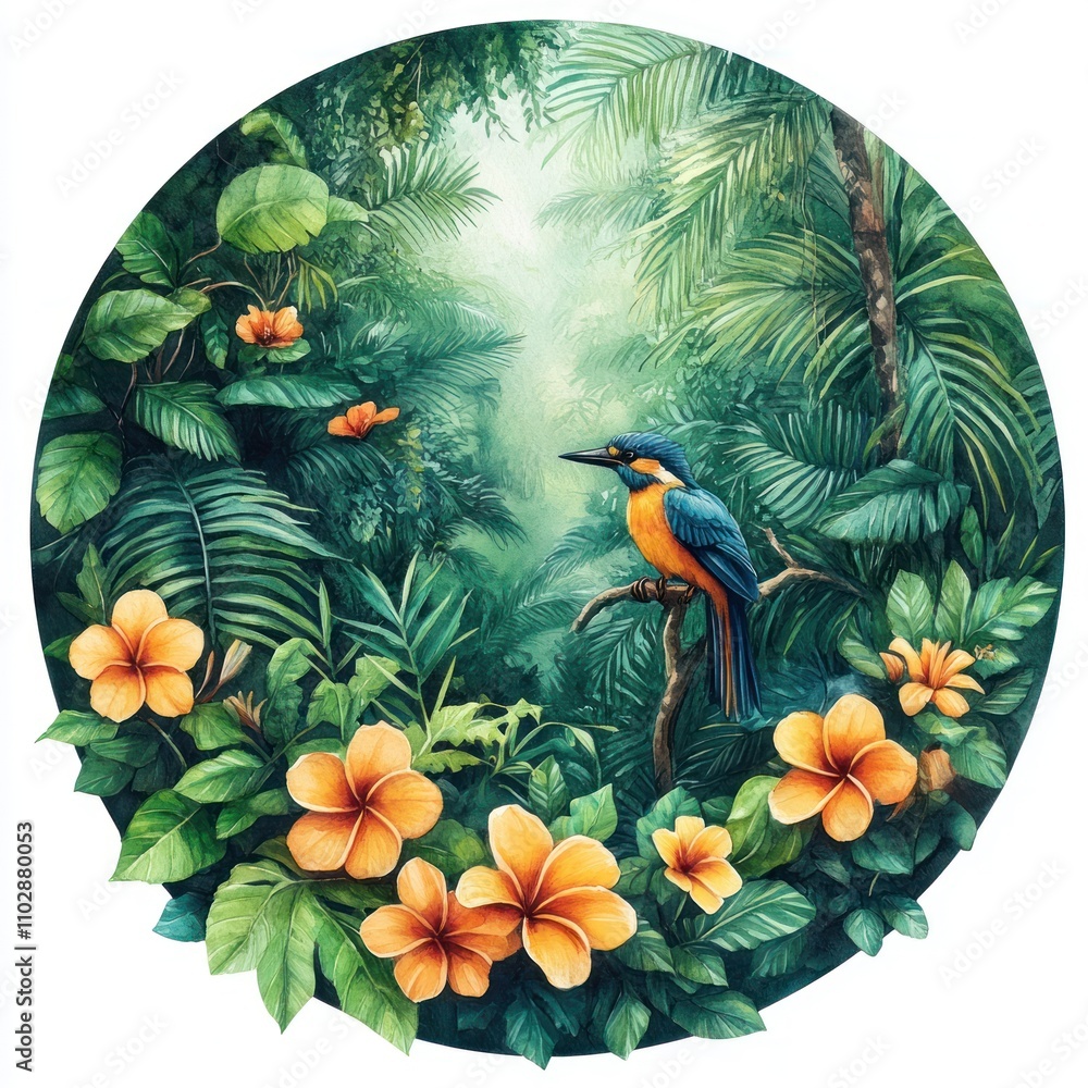 Fototapeta A vibrant jungle scene featuring a kingfisher and tropical flowers amidst lush greenery.