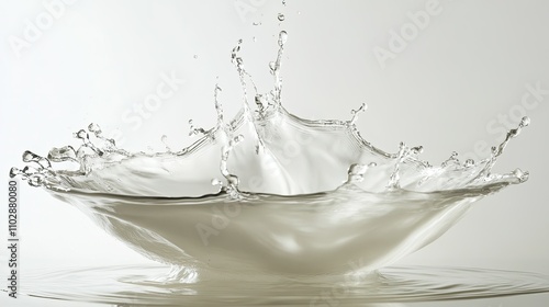 A dynamic water splash frozen in time against a white backdrop, highlighting the purity and fluidity of the moment. Perfect for ads or artistic designs.