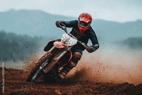 Dynamic Dirt Bike Rider Navigating Through Dusty Terrain with Intense Focus and Skill in Action-Packed Outdoor Environment photo