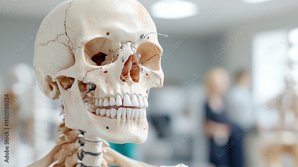 A close-up of a human skeleton model, used for educational purposes in anatomy studies. A close-up of a human skeleton model, used for educational purposes in anatomy studies.
