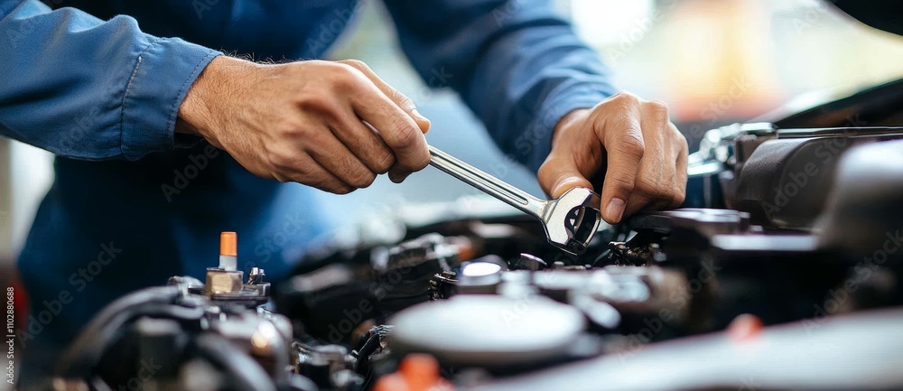 Mechanic Repairing Car Engine with Wrench in Automotive Workshop Mechanic Repairing Car Engine with Wrench in Automotive Workshop