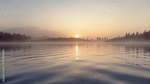 Ripples on the surface of a calm lake at dawn, calm waters, peaceful ambiance, serene atmosphere