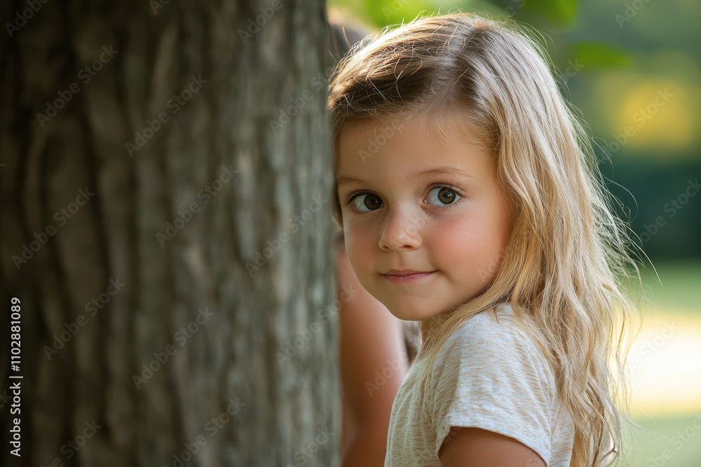A young blonde girl is standing behind a tree, looking at the camera A young blonde girl is standing behind a tree, looking at the camera