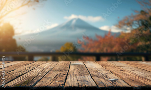 The empty wooden table top with blur background of Mount Fuji. Exuberant image