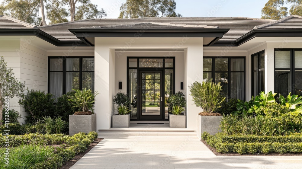 Modern Home Entrance with Stylish Landscaping and Bright Sunlight Modern Home Entrance with Stylish Landscaping and Bright Sunlight