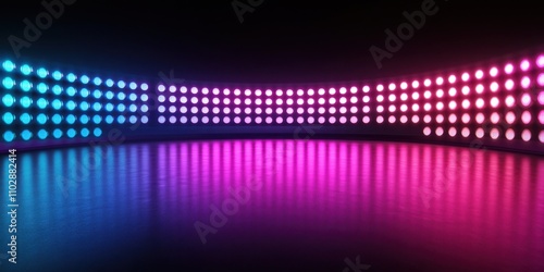 Front view of a curved LED light display featuring vibrant alternating blue and pink lights The dots of light create a smooth gradient effect