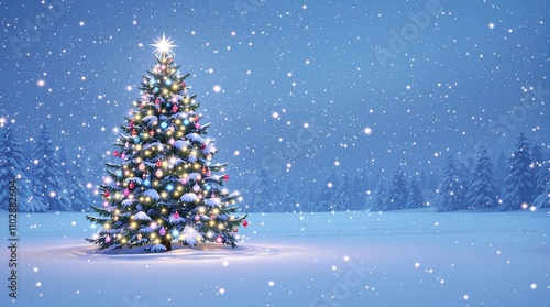 Snowflakes gently falling around a beautifully decorated Christmas tree amidst a blanket of fresh powder, christmas tree, snowfall