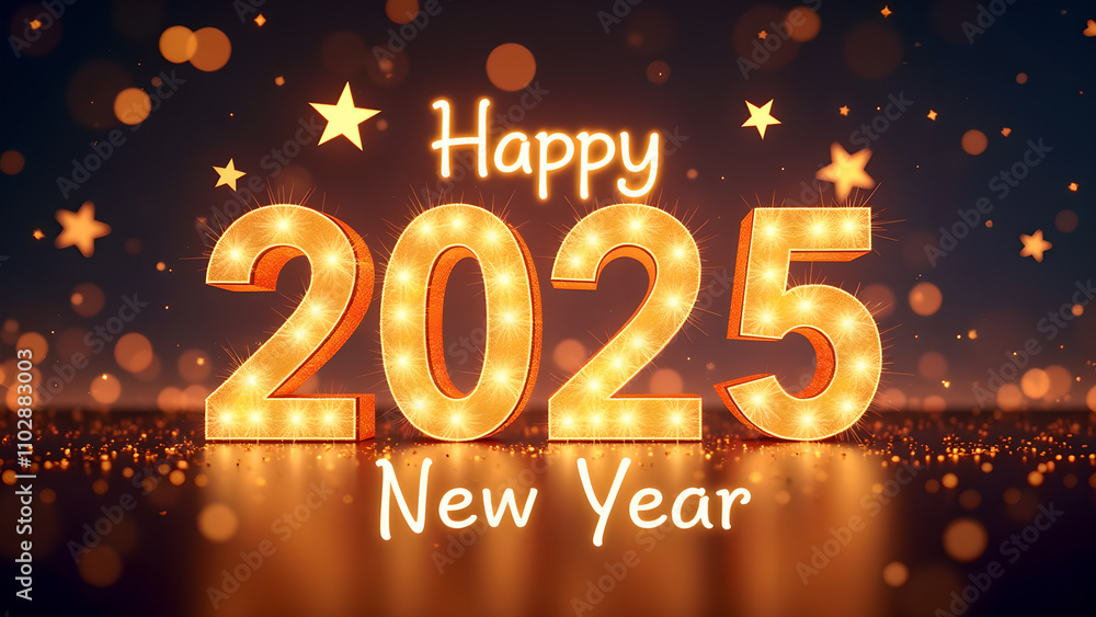 Happy New Year 2025 with golden lights. Concept of celebration, holiday, and future. Happy New Year 2025 with golden lights. Concept of celebration, holiday, and future.