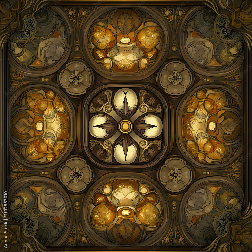 Ornate, symmetrical, decorative, ceiling design with rich, warm colors and detailed patterns. Ornate, symmetrical, decorative, ceiling design with rich, warm colors and detailed patterns.