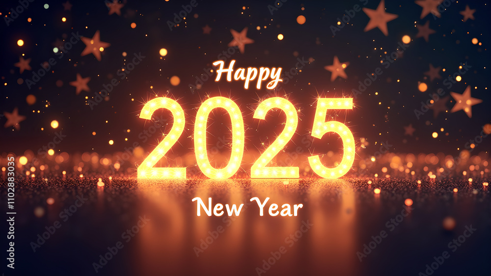 Happy New Year 2025 with golden lights and stars. Concept of celebration, holiday, and new beginnings. Happy New Year 2025 with golden lights and stars. Concept of celebration, holiday, and new beginnings.