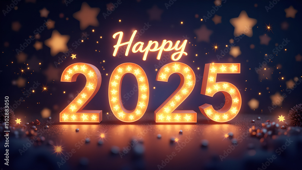 Happy 2025 New Year Celebration. Festive 3D Render with Lights. Happy 2025 New Year Celebration. Festive 3D Render with Lights.