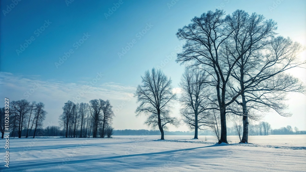 An empty winter scene with bare trees standing tall against a clear blue sky, outdoor scenery, snowy terrain, serene atmosphere, cold weather, icy winds An empty winter scene with bare trees standing tall against a clear blue sky, outdoor scenery, snowy terrain, serene atmosphere, cold weather, icy winds