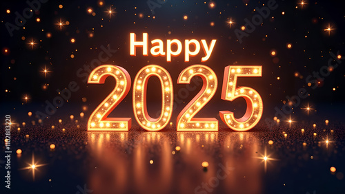 Happy New Year 2025 with glowing lights. Concept of celebration, party, and holiday.