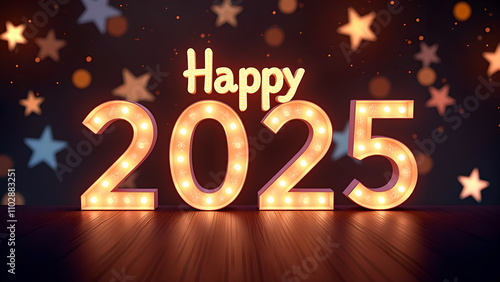 Happy 2025 New Year Celebration with Illuminated Numbers. Concept of celebration, hope, and new beginnings.