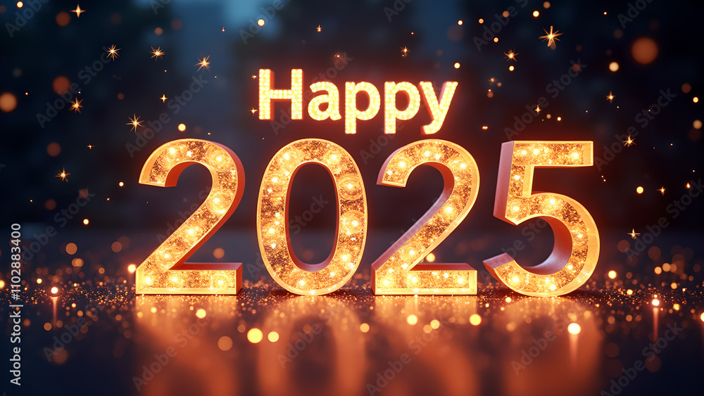 Happy New Year 2025 with illuminated numbers. Concept of celebration, holiday, and future. Happy New Year 2025 with illuminated numbers. Concept of celebration, holiday, and future.