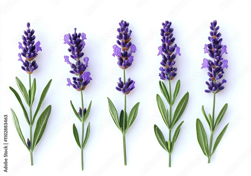 Fototapeta premium Purple Lavender Flowers in Various Stages of Bloom on White Background