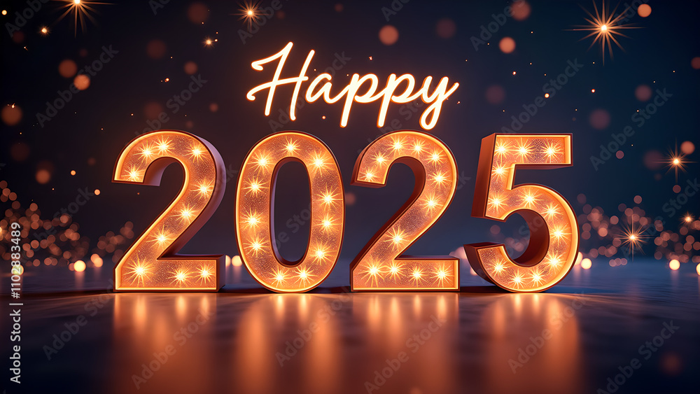 Happy New Year 2025 with illuminated numbers. Concept of celebration, holiday, and future. Happy New Year 2025 with illuminated numbers. Concept of celebration, holiday, and future.
