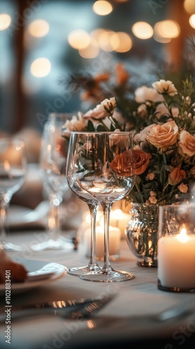 Elegant wedding reception table setting adorned with stylish decor, vibrant floral centerpieces, ambient lighting, perfect for celebrations and special occasions