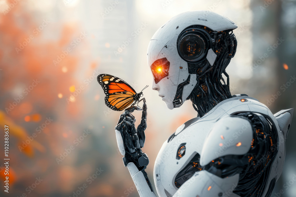Fototapeta premium robot with butterfly resting on its finger. AI generative.