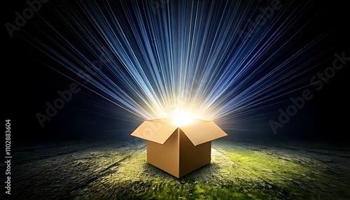 open cardboard box emits radiant light beams in a dark, expansive setting, evoking themes