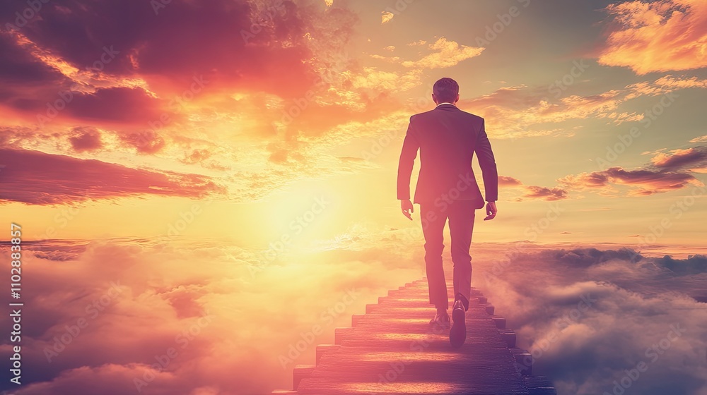 Man in Suit Walking Up Stairs Towards Bright Sunset Over Clouds Man in Suit Walking Up Stairs Towards Bright Sunset Over Clouds