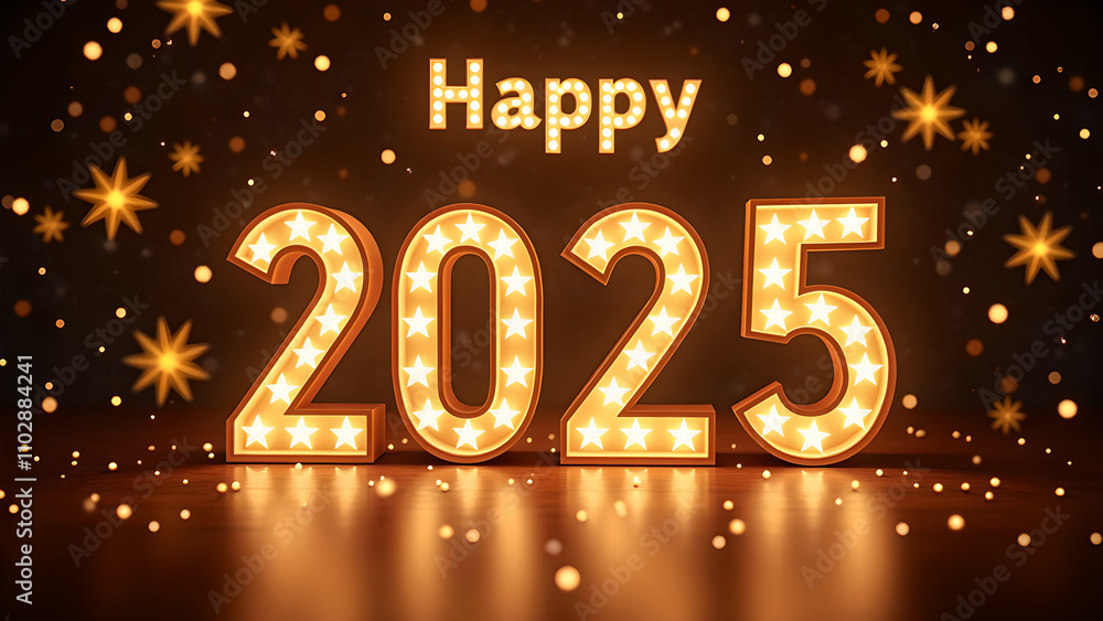 Happy New Year 2025 with glowing lights. Concept of celebration, holiday, and new beginnings. Happy New Year 2025 with glowing lights. Concept of celebration, holiday, and new beginnings.