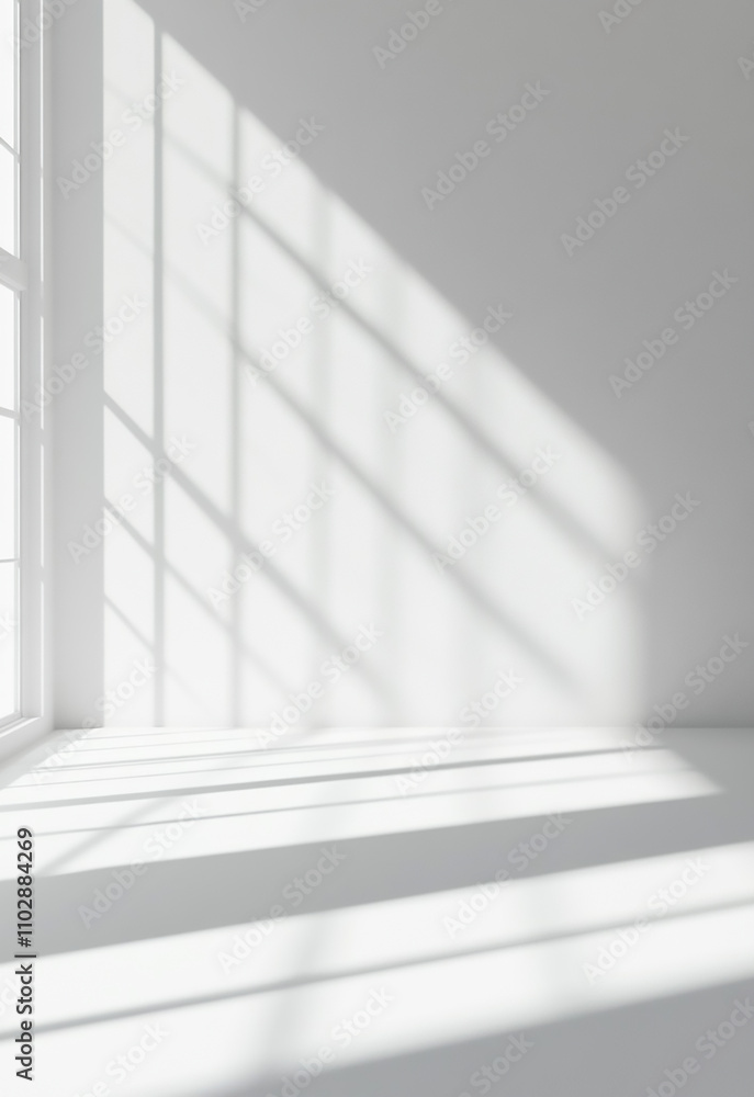 Obraz premium Sunlight streaming through a large window casts geometric shadows on a realistic and minimalist blurred natural light windows shadow overlay on wall paper texture abstract background minimal abstract 