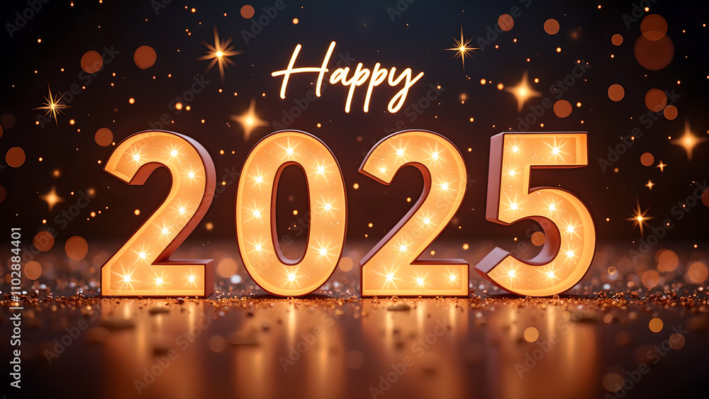 Happy New Year 2025 with illuminated numbers. Festive celebration concept. Happy New Year 2025 with illuminated numbers. Festive celebration concept.