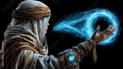 A cloaked figure conjures a magical orb of energy with an outstretched hand. photo