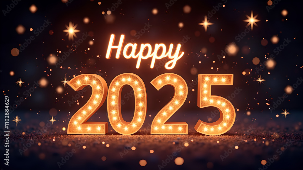 Happy New Year 2025 with glowing lights. Festive celebration concept. Happy New Year 2025 with glowing lights. Festive celebration concept.