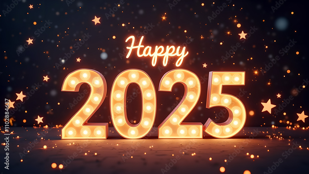 Happy New Year 2025 with glowing lights. Concept of celebration, holiday, and party. Happy New Year 2025 with glowing lights. Concept of celebration, holiday, and party.