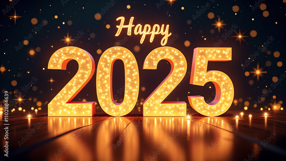 Happy New Year 2025 with glowing lights. Festive celebration concept. Happy New Year 2025 with glowing lights. Festive celebration concept.