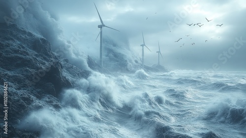 Wind power plant in a coastal area, with birds flying around and detailed waves crashing against the base of the turbines.