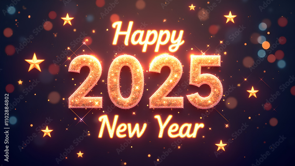 Happy New Year 2025 Celebration. Festive design with golden numbers and stars. Happy New Year 2025 Celebration. Festive design with golden numbers and stars.